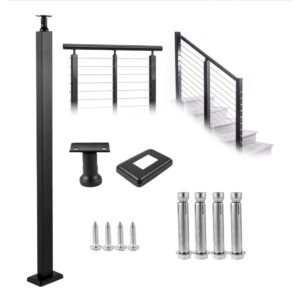 VEVOR Cable Rail Post, 42 x 1.97 x 1.97″, Level Deck Stair Post, Cable Handrail Post Stainless Steel Brushed Finishing Deck Railing DIY Picket Without Hole Stair Railing Kit With Mount Bracket Black